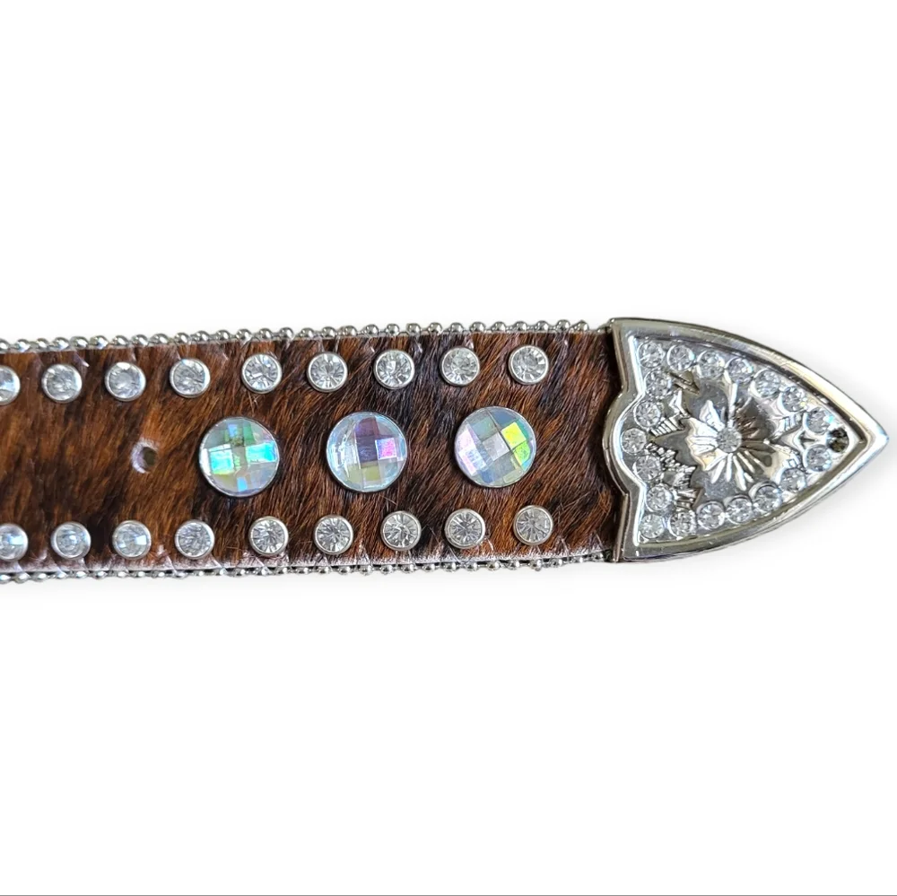 Nocona Women's Calf Hair On Hide Rhinestone Leather Western Belt Brown Silver M